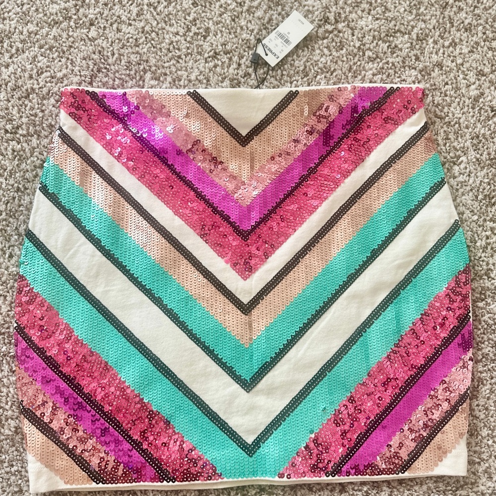 Express Pink and Teal Sequin Chevron Mini Skirt